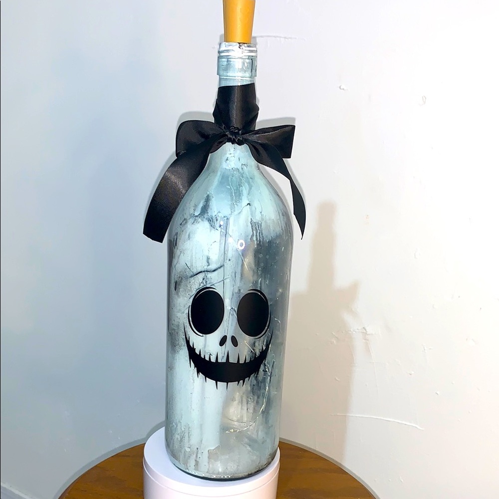 Hand Crafted Spooky face acrylic pour wine bottle lantern